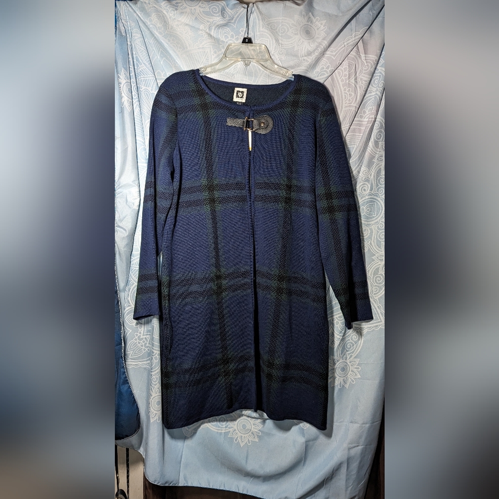 Anne Klein Long Plaid Buckle Cardigan Sweater
